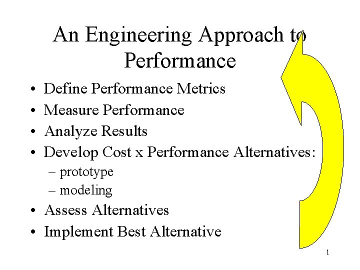 An Engineering Approach to Performance • • Define Performance Metrics Measure Performance Analyze Results