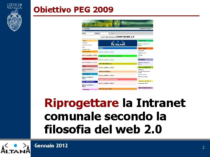 Obiettivo PEG 2009 Riprogettare la Intranet comunale secondo la filosofia del web 2. 0