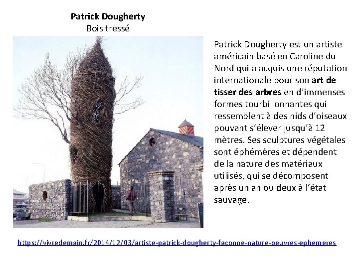 Patrick Dougherty Bois tressé Patrick Dougherty est un artiste américain basé en Caroline du