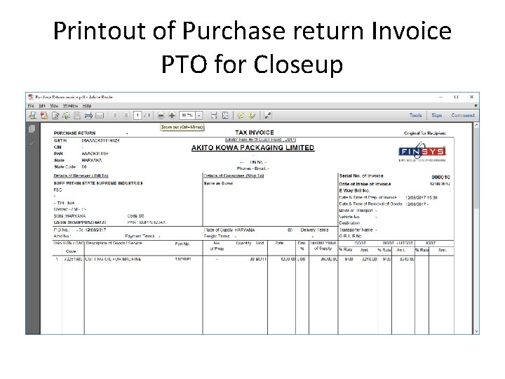 Printout of Purchase return Invoice PTO for Closeup 