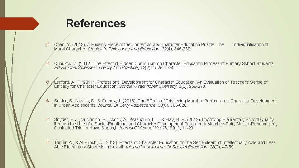 References Chen, Y. (2013). A Missing Piece of the Contemporary Character Education Puzzle: The