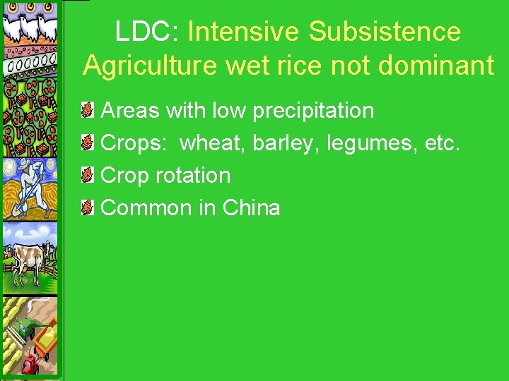 LDC: Intensive Subsistence Agriculture wet rice not dominant Areas with low precipitation Crops: wheat,