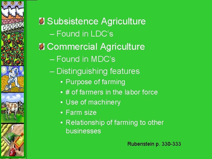 Subsistence Agriculture – Found in LDC’s Commercial Agriculture – Found in MDC’s – Distinguishing