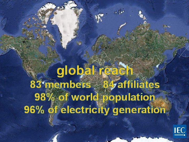 global reach 83 members 84 affiliates 98% of world population 96% of electricity generation