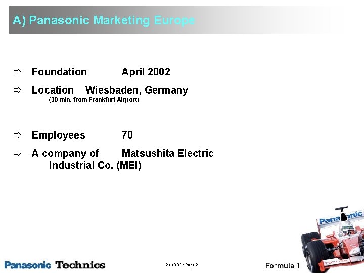 A) Panasonic Marketing Europe ð Foundation ð Location April 2002 Wiesbaden, Germany (30 min.