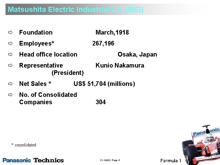 Matsushita Electric Industrial Co. (MEI) ð Foundation March, 1918 ð Employees* 267, 196 ð