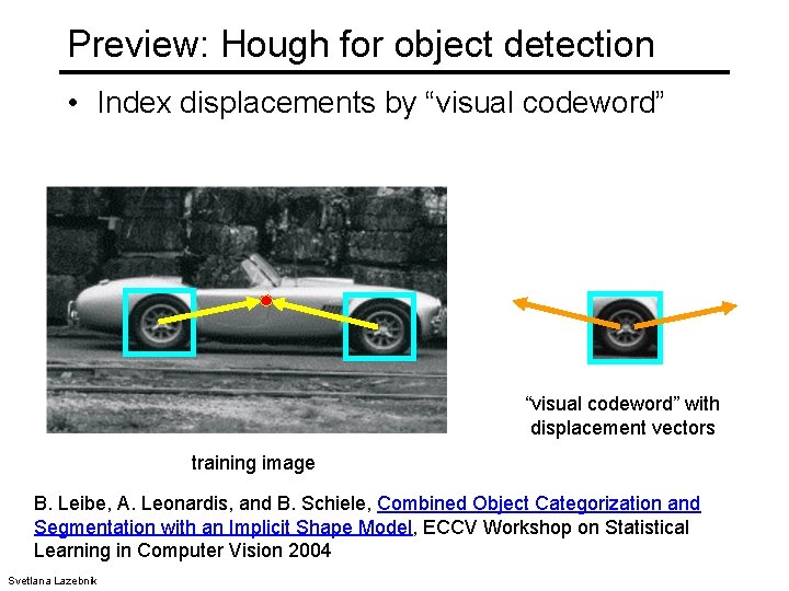 Preview: Hough for object detection • Index displacements by “visual codeword” with displacement vectors