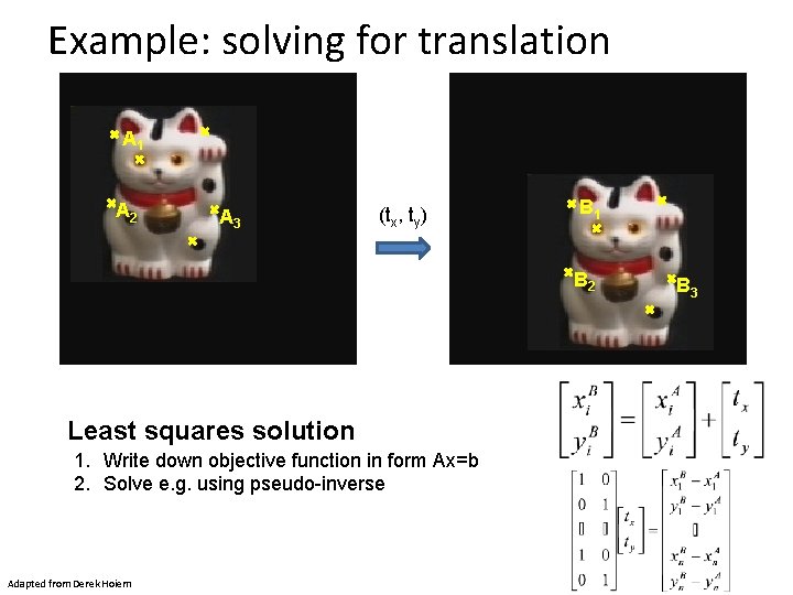 Example: solving for translation A 1 A 2 A 3 (tx, ty) B 1