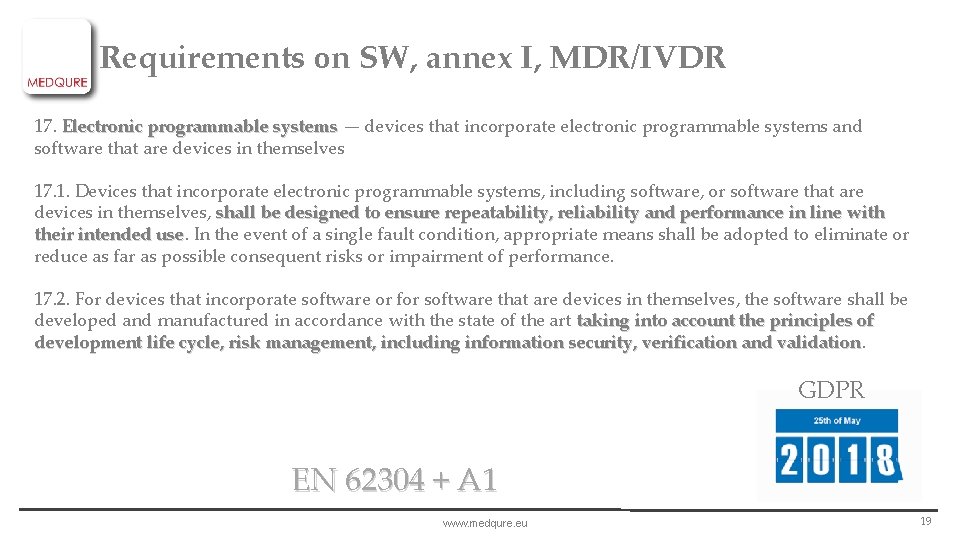 Requirements on SW, annex I, MDR/IVDR 17. Electronic programmable systems — devices that incorporate