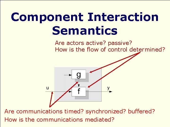 Component Interaction Semantics Are actors active? passive? How is the flow of control determined?