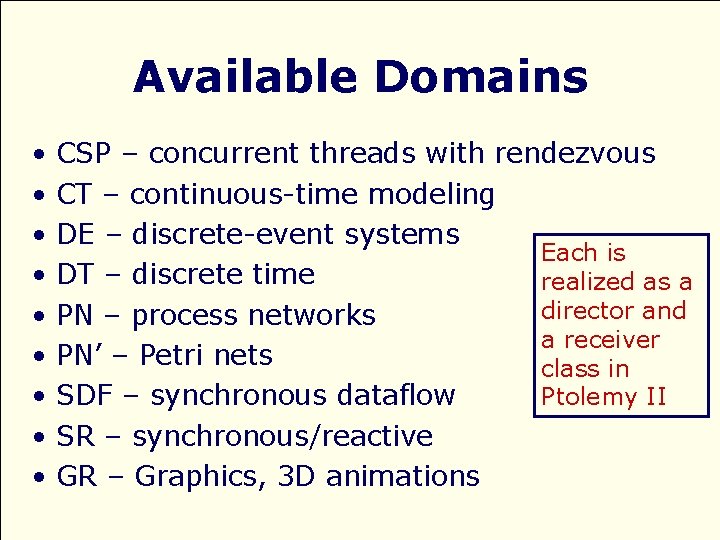 Available Domains • • • CSP – concurrent threads with rendezvous CT – continuous-time