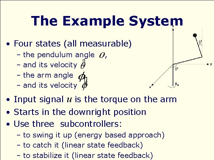 The Example System • Four states (all measurable) – the pendulum angle – and