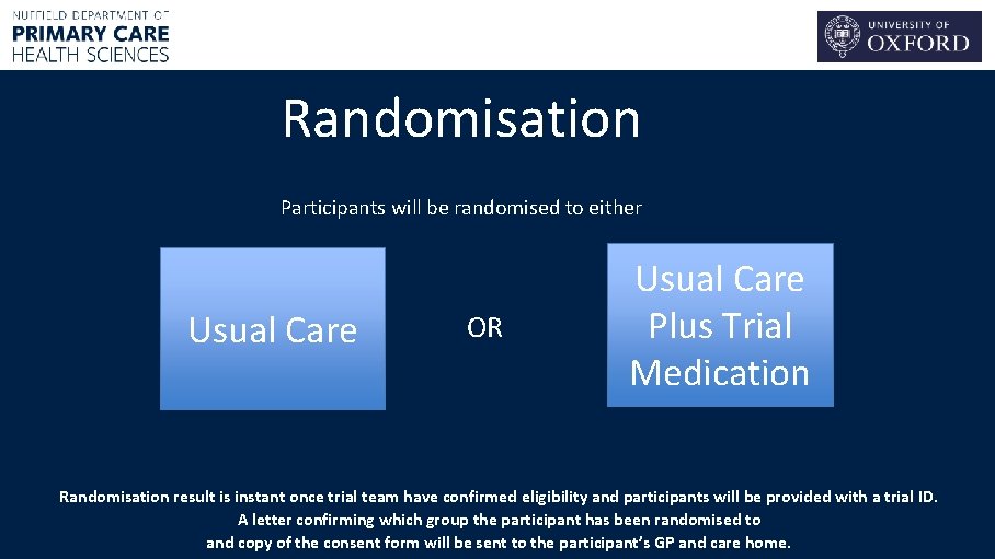 Randomisation Participants will be randomised to either Usual Care OR Usual Care Plus Trial