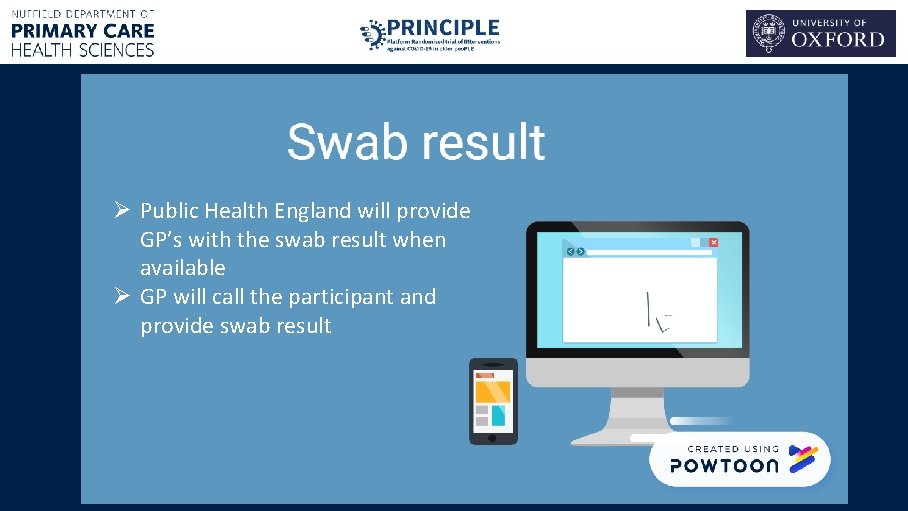 Ø Public Health England will provide GP’s with the swab result when available Ø