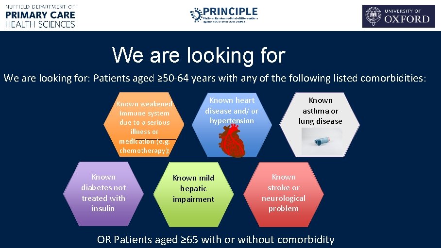 We are looking for: Patients aged ≥ 50 -64 years with any of the