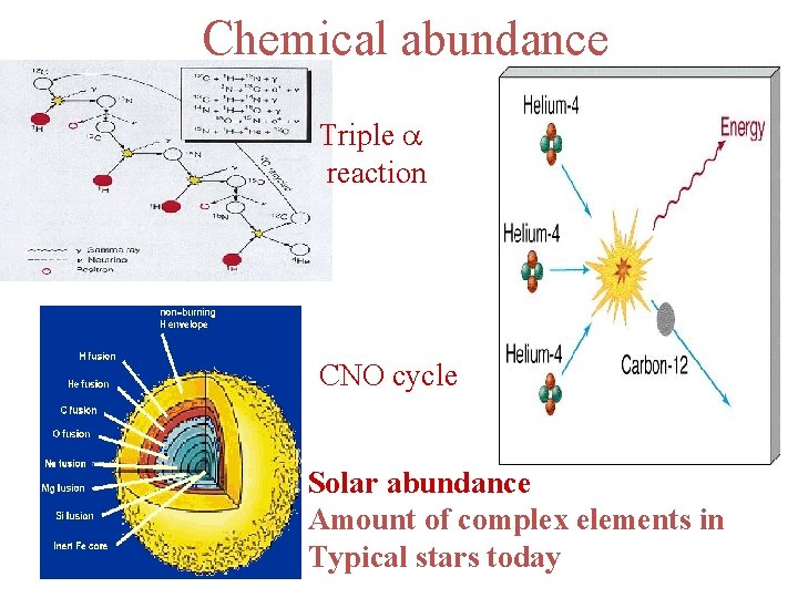 Chemical abundance Triple a reaction CNO cycle Solar abundance Amount of complex elements in Chemical abundance Triple a reaction CNO cycle Solar abundance Amount of complex elements in