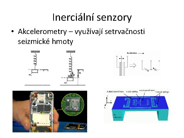 Inerciální senzory • Akcelerometry – využívají setrvačnosti seizmické hmoty 