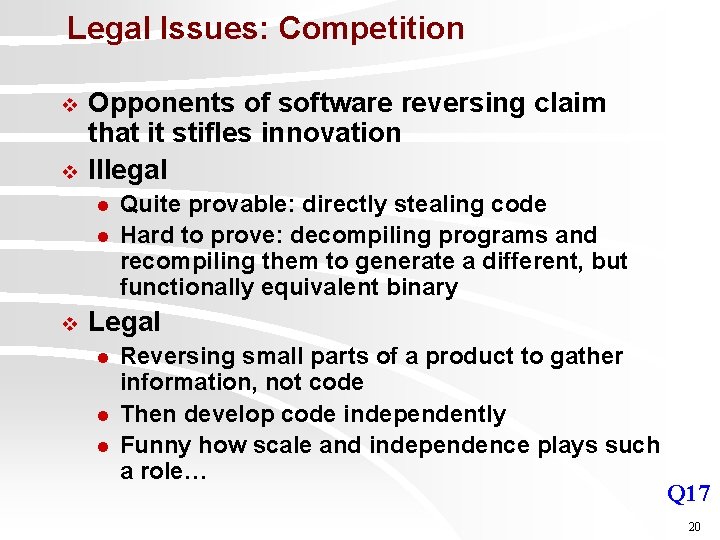 Legal Issues: Competition v v Opponents of software reversing claim that it stifles innovation