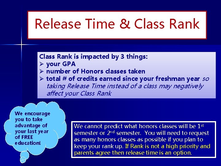 Release Time & Class Rank is impacted by 3 things: Ø your GPA Ø
