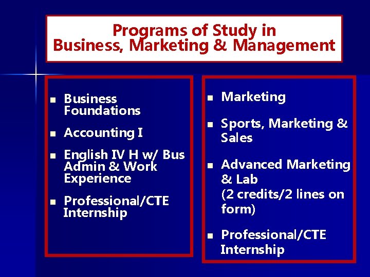 Programs of Study in Business, Marketing & Management n n Business Foundations n Accounting