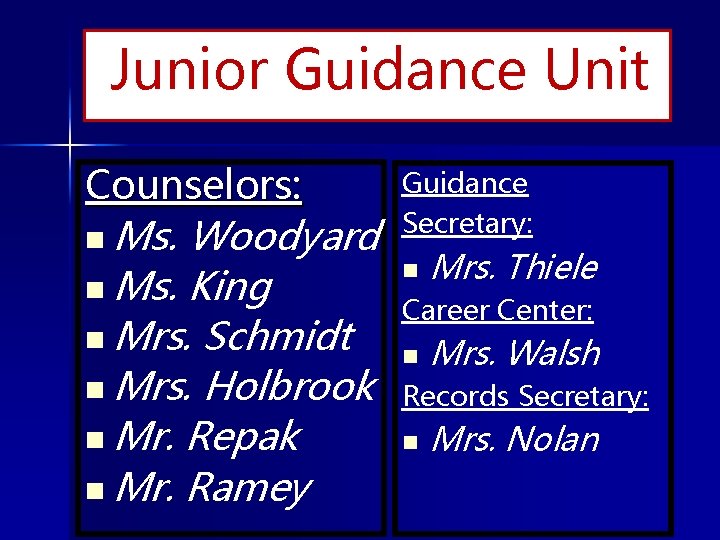 Junior Guidance Unit Counselors: n Ms. Woodyard n Ms. King n Mrs. Schmidt n