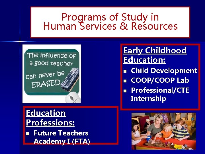 Programs of Study in Human Services & Resources Early Childhood Education: n n n