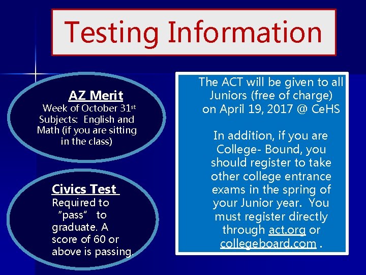 Testing Information AZ Merit Week of October 31 st Subjects: English and Math (if
