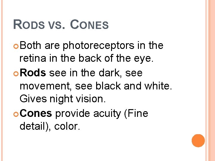 RODS VS. CONES Both are photoreceptors in the retina in the back of the