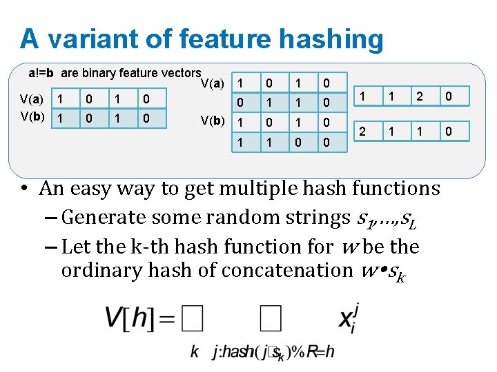 A variant of feature hashing a!=b are binary feature vectors V(a) 1 0 V(b)
