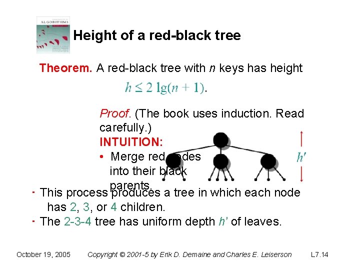 Height of a red-black tree Theorem. A red-black tree with n keys has height