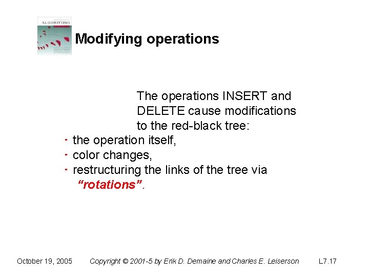 Modifying operations The operations INSERT and DELETE cause modifications to the red-black tree: ‧