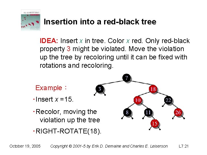 Insertion into a red-black tree IDEA: Insert x in tree. Color x red. Only