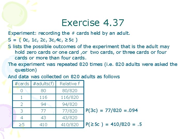 Exercise 4. 37 Experiment: recording the # cards held by an adult. S =