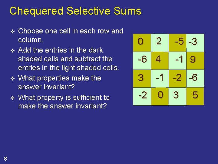 Chequered Selective Sums v v 8 Choose one cell in each row and column.