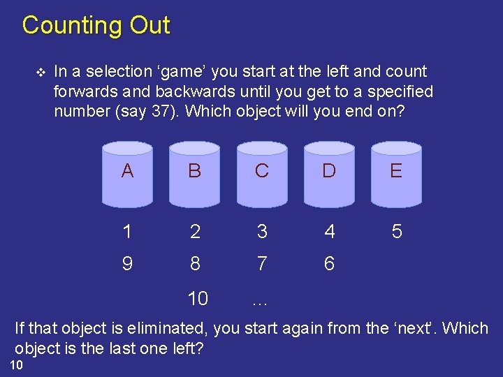 Counting Out v In a selection ‘game’ you start at the left and count