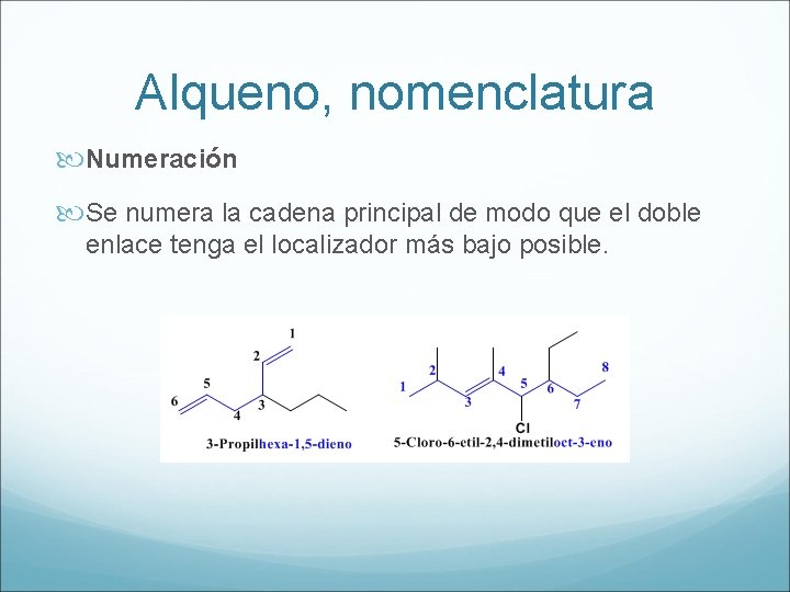 Alqueno, nomenclatura Numeración Se numera la cadena principal de modo que el doble enlace