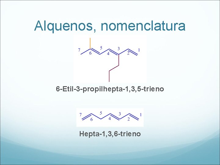 Alquenos, nomenclatura 6 -Etil-3 -propilhepta-1, 3, 5 -trieno Hepta-1, 3, 6 -trieno 