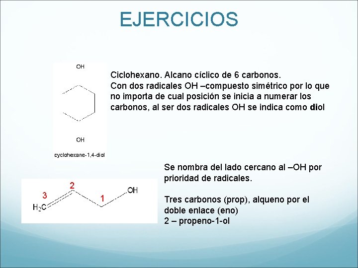 EJERCICIOS Ciclohexano. Alcano cíclico de 6 carbonos. Con dos radicales OH –compuesto simétrico por