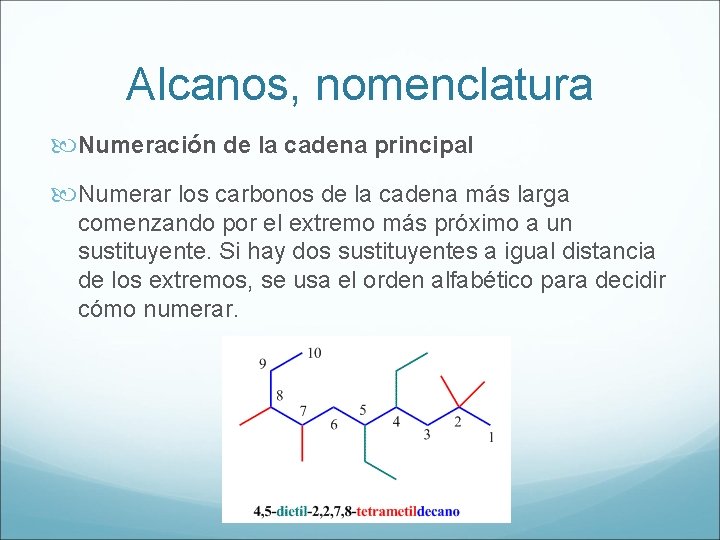 Alcanos, nomenclatura Numeración de la cadena principal Numerar los carbonos de la cadena más