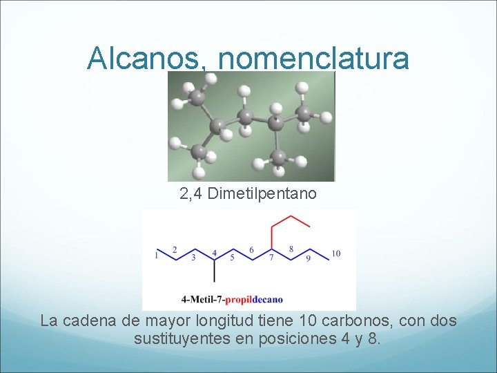 Alcanos, nomenclatura 2, 4 Dimetilpentano La cadena de mayor longitud tiene 10 carbonos, con