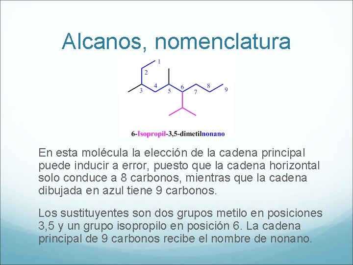 Alcanos, nomenclatura En esta molécula la elección de la cadena principal puede inducir a