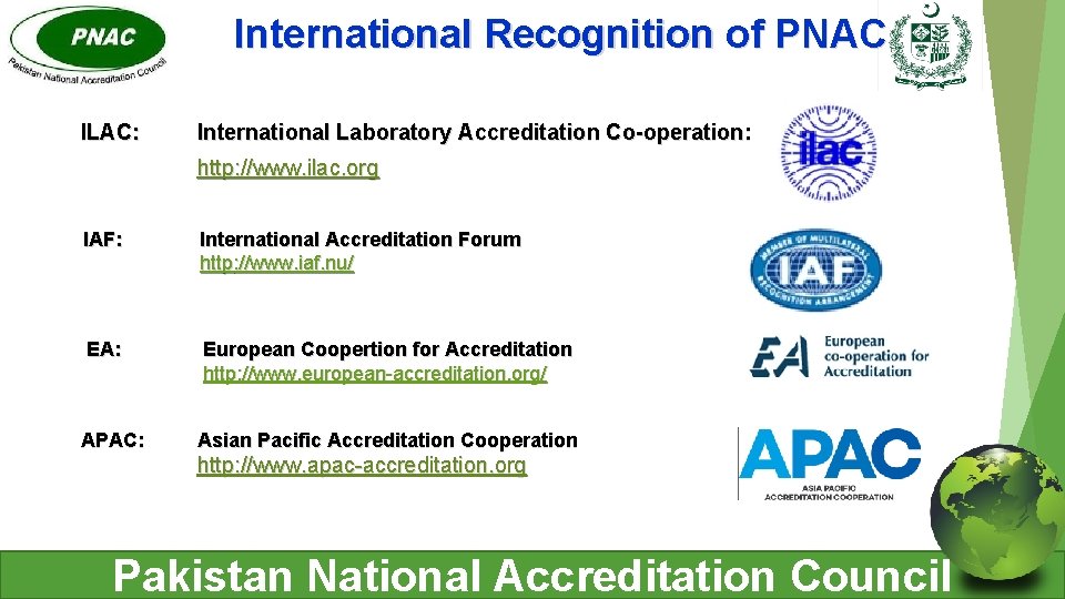 International Recognition of PNAC ILAC: International Laboratory Accreditation Co-operation: http: //www. ilac. org IAF: