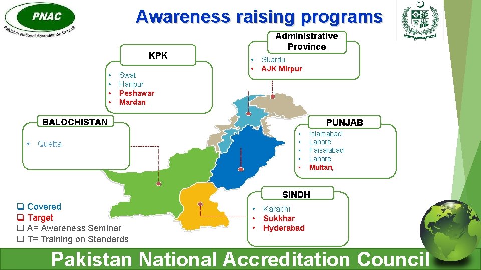 Awareness raising programs KPK • • Swat Haripur Peshawar Mardan Administrative Province • •