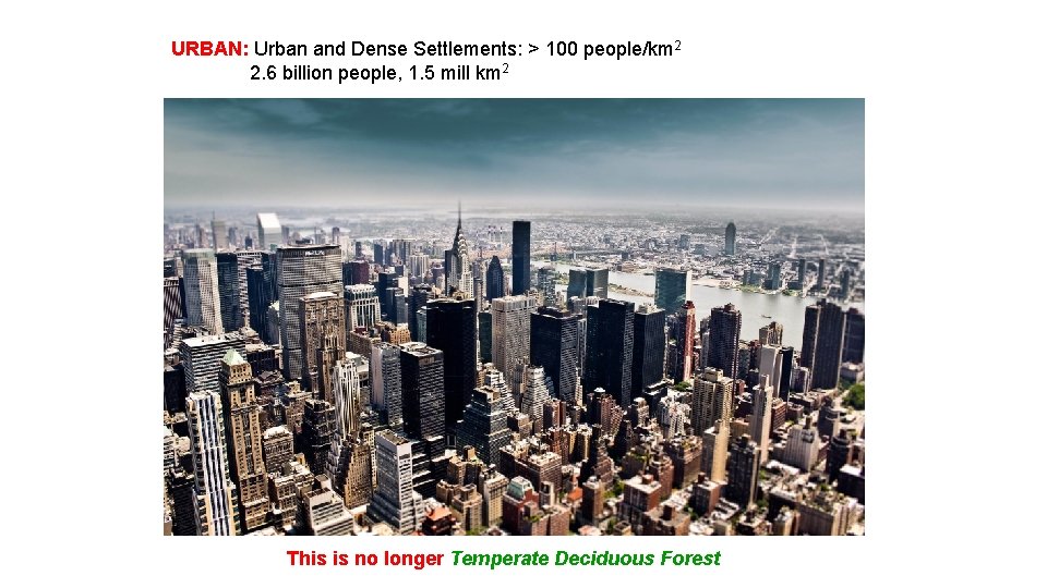 URBAN: Urban and Dense Settlements: > 100 people/km 2 2. 6 billion people, 1.