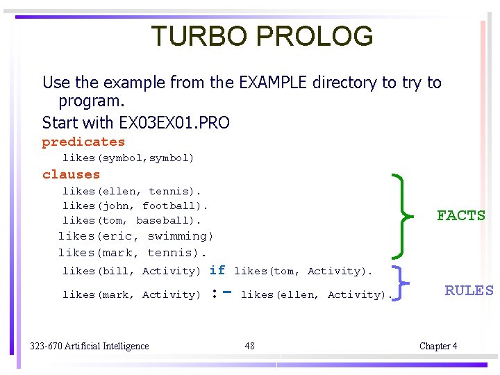 TURBO PROLOG Use the example from the EXAMPLE directory to try to program. Start TURBO PROLOG Use the example from the EXAMPLE directory to try to program. Start