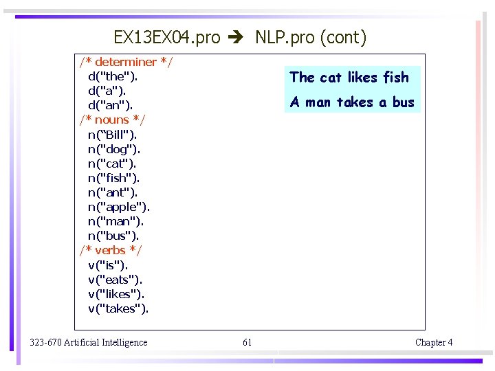 EX 13 EX 04. pro NLP. pro (cont) /* determiner */ d("the"). d("an"). /* EX 13 EX 04. pro NLP. pro (cont) /* determiner */ d("the"). d("an"). /*