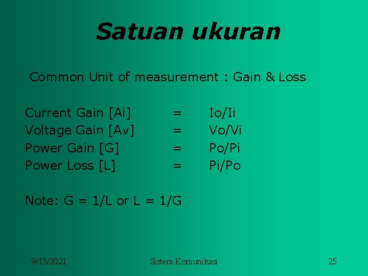 Satuan ukuran Common Unit of measurement : Gain & Loss Current Gain [Ai] Voltage