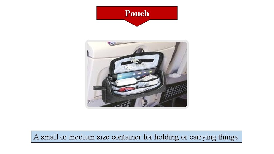 Pouch A small or medium size container for holding or carrying things. 