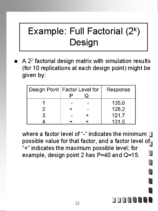 Example: Full Factorial (2 k) Design n A 22 factorial design matrix with simulation