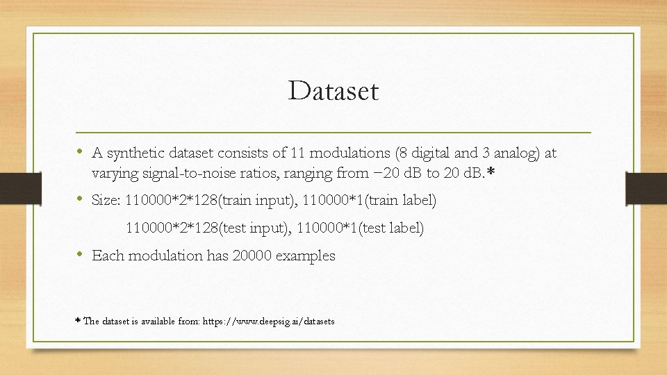 Dataset • A synthetic dataset consists of 11 modulations (8 digital and 3 analog)